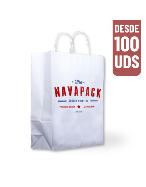 Bolsas de papel asa rizada 22+10x27 cm Blanca Impresión área personalizada Bolsas de papel asa rizada 22+10x27 cm Blanca Impresión área personalizada